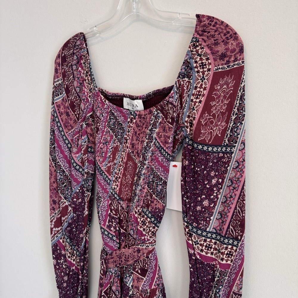 NWT Aura Shop Red Dress XS Purple Boho Patchwork Smocked Long Sleeve Mini Dress - Picture 4 of 14